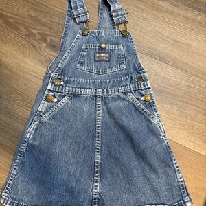 Vintage Osh Kosh Girls Faded Denim Blue Jean Bib Overall Vestback Dress  5 USA